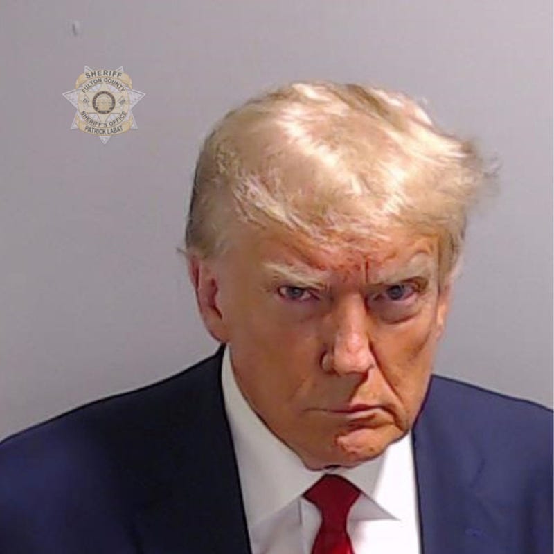 In this handout provided by the Fulton County Sheriff's Office, former U.S. President Donald Trump poses for his booking photo at the Fulton County Jail on August 24, 2023 in Atlanta, Georgia. Trump was booked on 13 charges related to an alleged plan to overturn the results of the 2020 presidential election in Georgia. Trump and 18 others facing felony charges have been ordered to turn themselves in to the Fulton County Jail by August 25. (Photo by Fulton County Sheriff's Office via Getty Images)