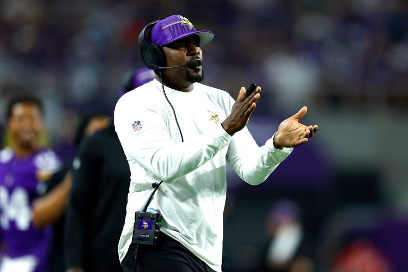 Defensive Coordinator Brian Flores of the Minnesota Vikings in 2023. In February 2022, Flores sued the league and several teams, saying the league was “rife with racism.”