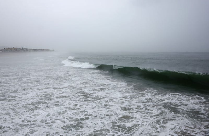 A waves breaks on the Pacific Ocean with Tropical Storm Hilary approaching in San Diego County on August 20, 2023 in Imperial Beach, California.