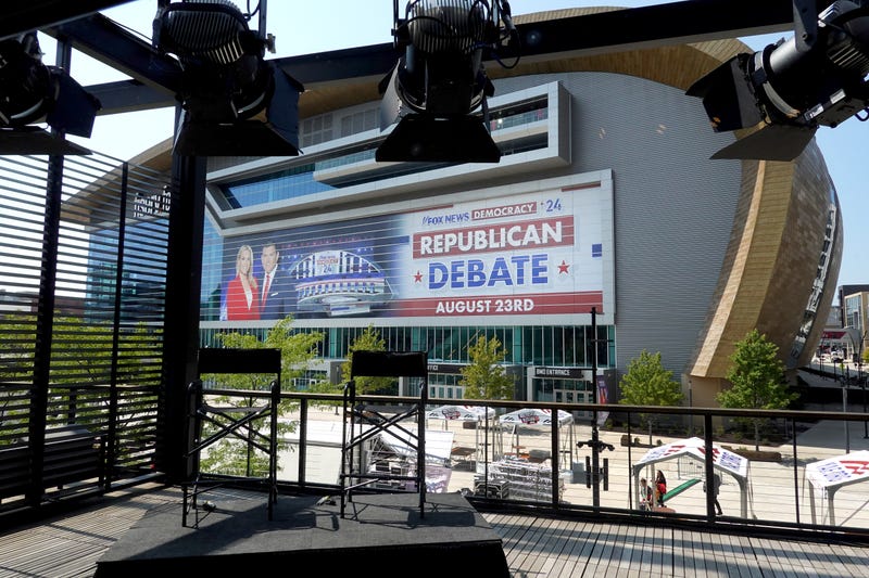 The Fiserv Forum is prepared for the Republican presidential debate on August 22, 2023 in Milwaukee, Wisconsin.