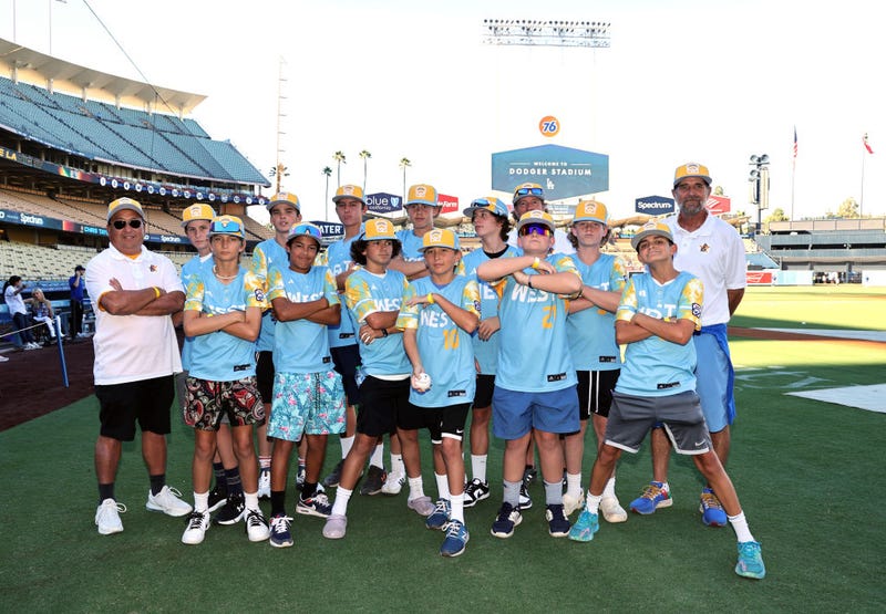 The Little League World Series champions from El Segundo pose for a photo before the start of a baseball game between Arizona Diamondbacks and Los Angeles Dodgers at Dodger Stadium on August 29, 2023 in Los Angeles, California.