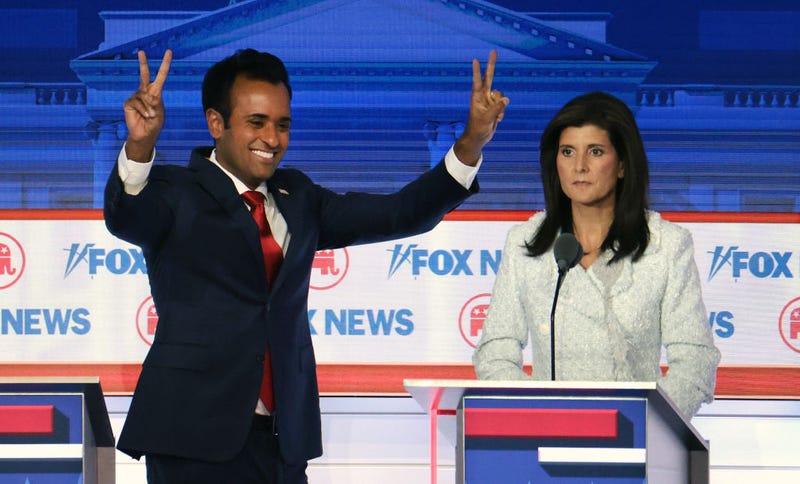 Republican presidential candidates, Vivek Ramaswamy (L) and former U.N. Ambassador Nikki Haley participate in the first debate of the GOP primary season hosted by FOX News at the Fiserv Forum on August 23, 2023 in Milwaukee, Wisconsin.
