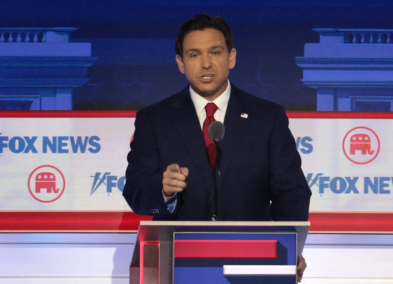 Republican presidential candidate, Florida Gov. Ron DeSantis pauses during a break in the first debate of the GOP primary season hosted by FOX News at the Fiserv Forum on August 23, 2023 in Milwaukee, Wisconsin. Eight presidential hopefuls squared off in the first Republican debate as former U.S. President Donald Trump, currently facing indictments in four locations, declined to participate in the event. (Photo by Win McNamee/Getty Images)