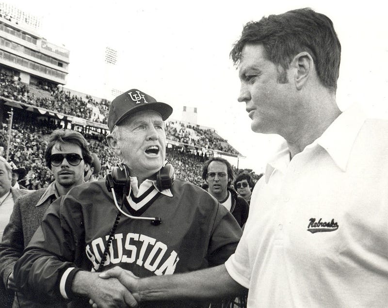  Bill Yeoman, head coach of the University of Houston Cougars football team and Bob Osborne head coach the Nebraska Cornhuskers shake hands after the 1980 Cotton Bowl on January 1, 1980 at the Cotton Bowl in Dallas, Texas. The Cougars won 17-14. 
