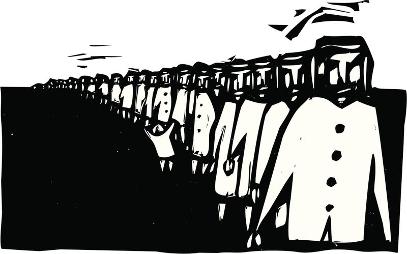 Long row of people rendered in a rough style wait in line.