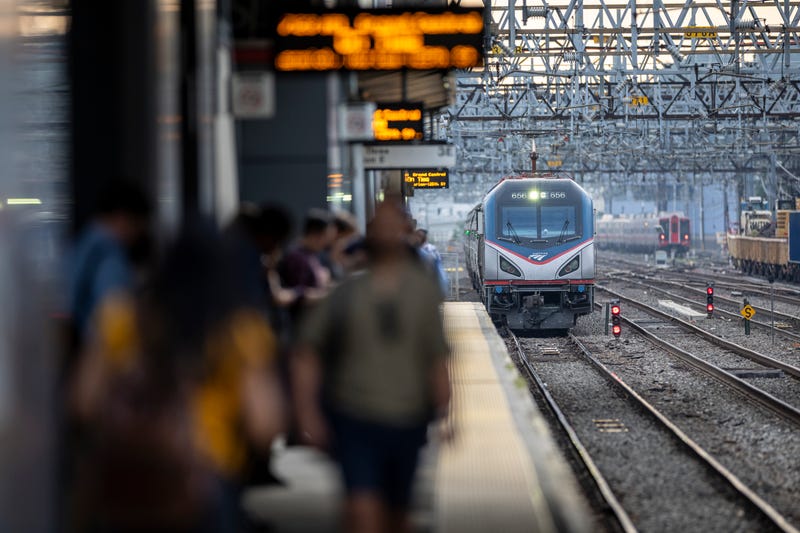 An Amtrak train approaches the Stamford Transportation Center on Aug. 28, 2023, in Stamford, Connecticut.