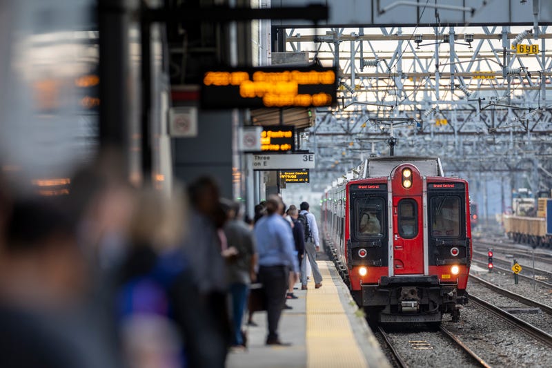 A Metro-North train approaches the Stamford Transportation Center on August 28, 2023 in Stamford, Connecticut