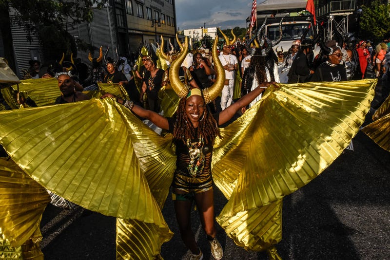 People wear horns to embody a character called "Jab Jab" (from the french for Devil) in a Caribbean street carnival starting at dawn called J'Ouvert on September 4, 2023 in the Brooklyn borough in New York City. J'Ouvert originates from the French words "jour ouvert," meaning daybreak and signals the start of Carnival. Carnival is the traditional street festival honoring the vast heritage and culture of the Caribbean diaspora. 