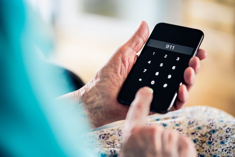 911, emergency number phone call. Old senior woman. Help from police, ambulance to hospital or paramedic. Fire, crime, heart attack or medical injury. Accident and first aid. Safety hotline concept.