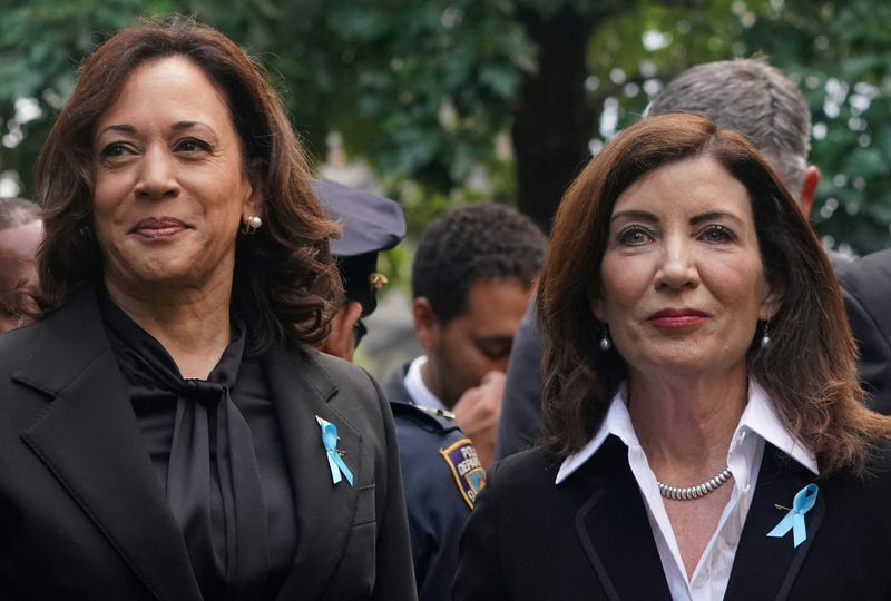 Vice President Kamala Harris and Gov. Kathy Hochul attend a remembrance ceremony on the 22nd anniversary of the terror attack on the World Trade Center on Sept. 11, 2023