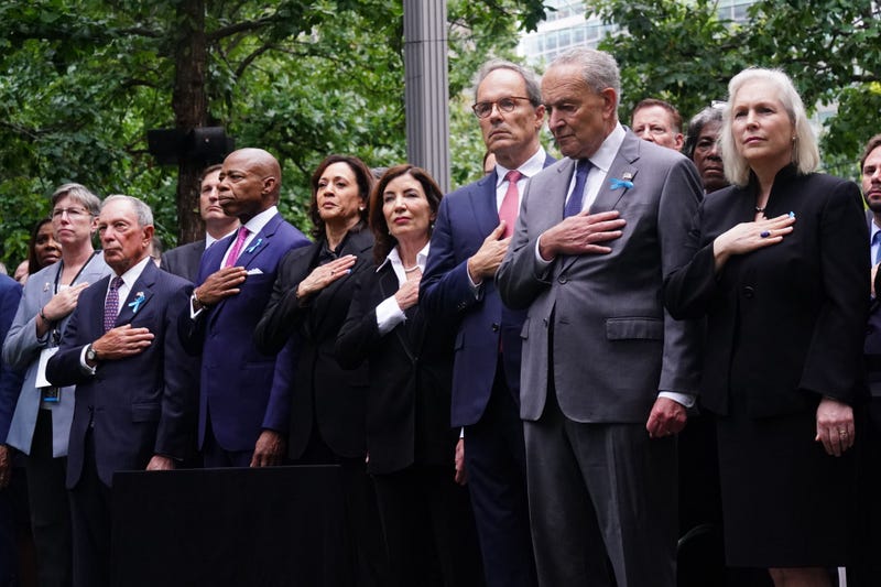 (L-R) Former Mayor Michael Bloomberg, Mayor Eric Adams, Vice President Kamala Harris, Gov. Kathy Hochul, Senate Majority Leader Chuck Schumer (D-NY), and Sen. Kirsten Gillibrand (D-NY) attend a remembrance ceremony at the 9/11 Memorial on Sept. 11, 2023