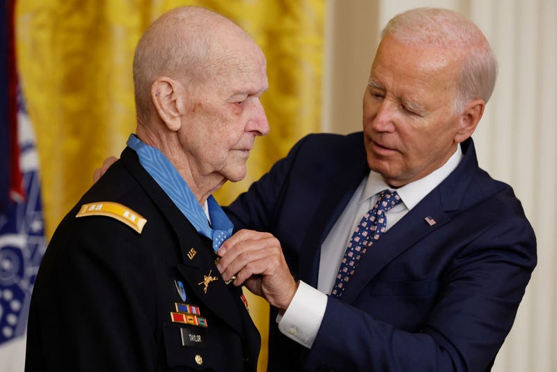 Retired U.S. Army Captain Larry Taylor is awarded the Medal of Honor by President Joe Biden in a ceremony in the East Room of the White House on September 05, 2023 in Washington, DC.