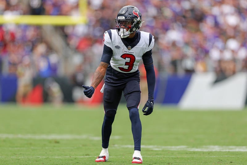Tank Dell #3 of the Houston Texans lines up for the play against the Baltimore Ravens during the first half at M&T Bank Stadium on September 10, 2023 in Baltimore, Maryland.