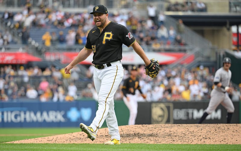 David Bednar #51 of the Pittsburgh Pirates reacts after the final out in a 3-2 win over the New York Yankees