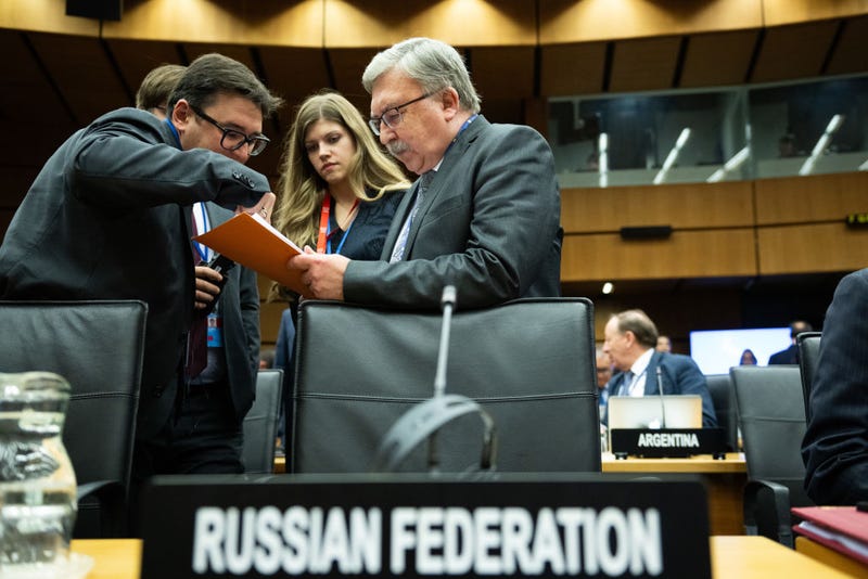 Russia’s Governor to the International Atomic Energy Agency (IAEA) Mikhail Ulyanov in conversation ahead the Board of Governors at IAEA headquarters on September 11, 2023 in Vienna, Austria. The IAEA has been monitoring the Zaporizhzhia nuclear power plant in Ukraine, which is on the front line of the current Russian-Ukrainian war. (Photo by Thomas Kronsteiner/Getty Images)