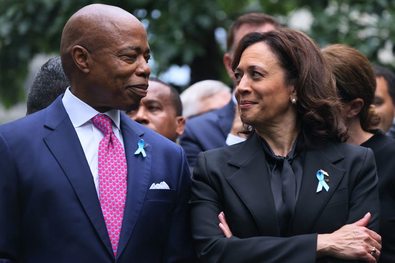 Mayor Eric Adams and Vice President Kamala Harris speak during the annual 9/11 Commemoration Ceremony at the National 9/11 Memorial and Museum on September 11, 2023