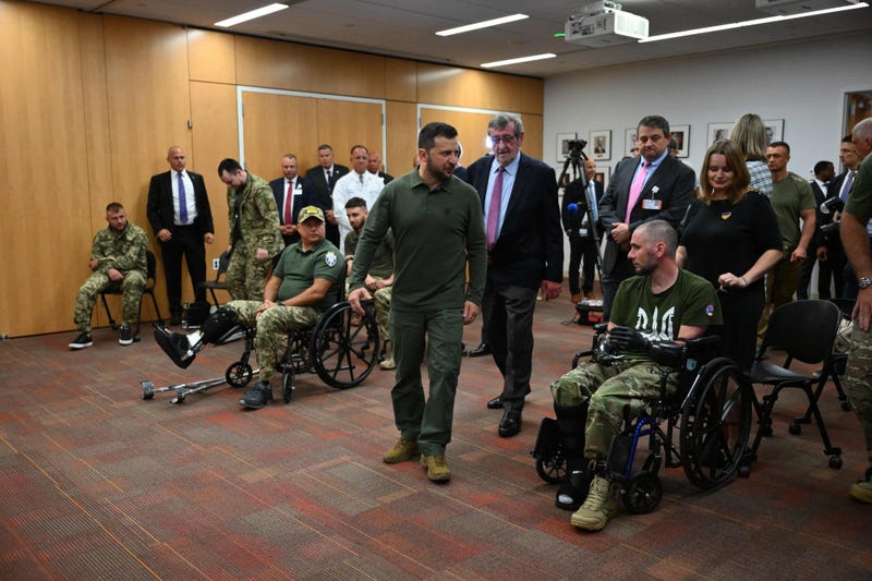 Ukrainian President Volodymyr Zelenskyy visits with wounded Ukrainian soldiers at the Staten Island University Hospital on Staten Island on Sept. 18, 2023