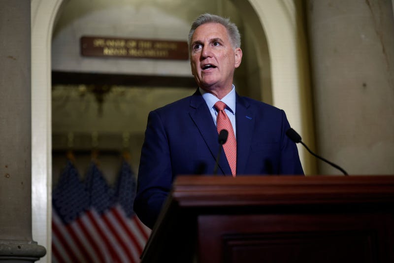 WASHINGTON, DC - SEPTEMBER 12: Speaker of the House Kevin McCarthy (R-CA) announces an impeachment inquiry against U.S. President Joe Biden to members of the news media outside his office at the U.S. Capitol on September 12, 2023 in Washington, DC.