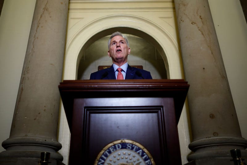 Speaker of the House Kevin McCarthy (R-CA) announces an impeachment inquiry against U.S. President Joe Biden to members of the news media outside his office at the U.S. Capitol on September 12, 2023 in Washington, DC. 