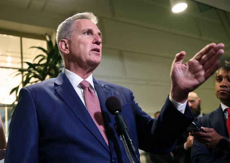 U.S. Speaker of the House Kevin McCarthy (R-CA) speaks to reporters as he leaves a House Republican caucus meeting at the U.S. Capitol on September 14, 2023 in Washington, DC. 