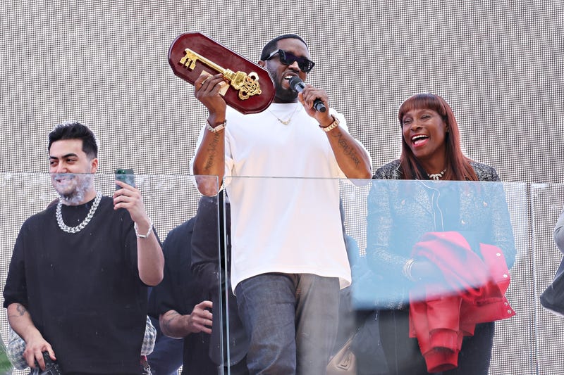 Sean "Diddy" Combs speaks to the crowd after being presented with the key to the city by New York Mayor Eric Adams in Times Square on September 15, 2023 in New York City.