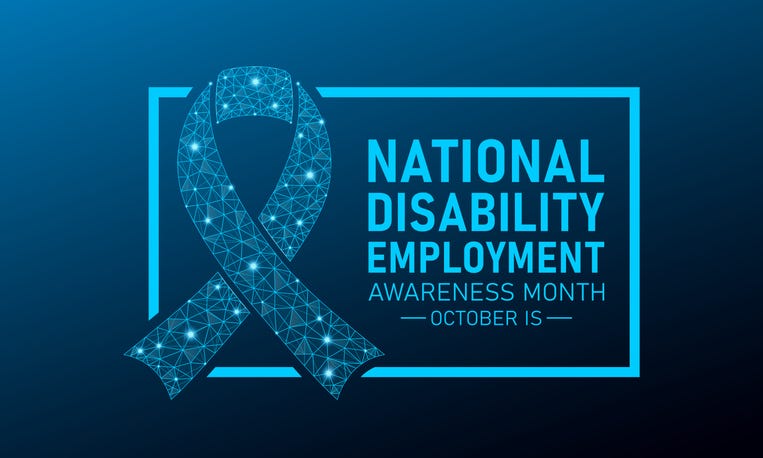 National Disability Employment Awareness Month Is Observed Every Year In October. Vector Template with blue ribbon