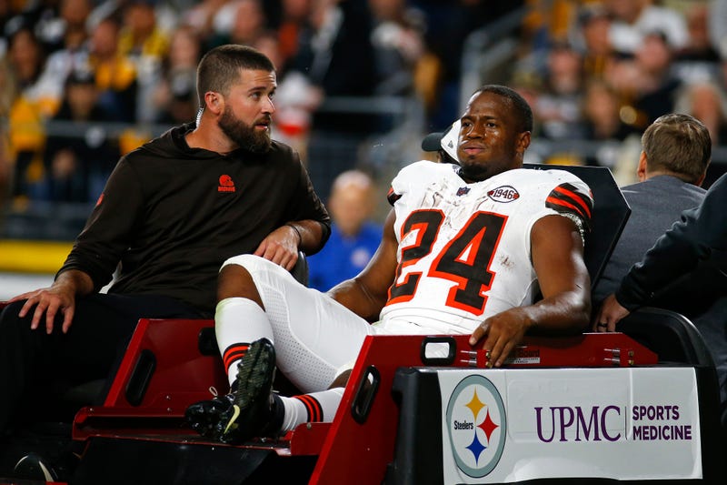  Nick Chubb #24 of the Cleveland Browns is carted off the field after sustaining a knee injury during the second quarter against the Pittsburgh Steelers at Acrisure Stadium on September 18, 2023 in Pittsburgh, Pennsylvania. 
