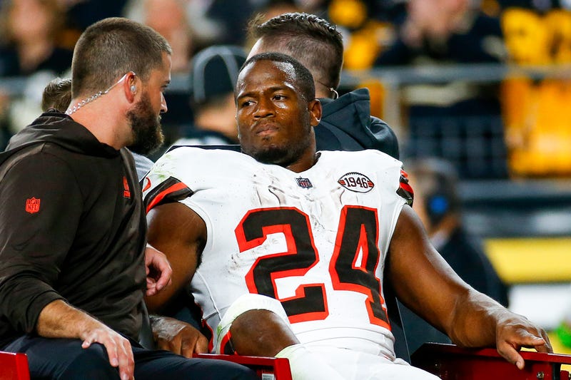  Nick Chubb #24 of the Cleveland Browns is carted off the field after sustaining a knee injury during the second quarter against the Pittsburgh Steelers at Acrisure Stadium on September 18, 2023 in Pittsburgh, Pennsylvania. 