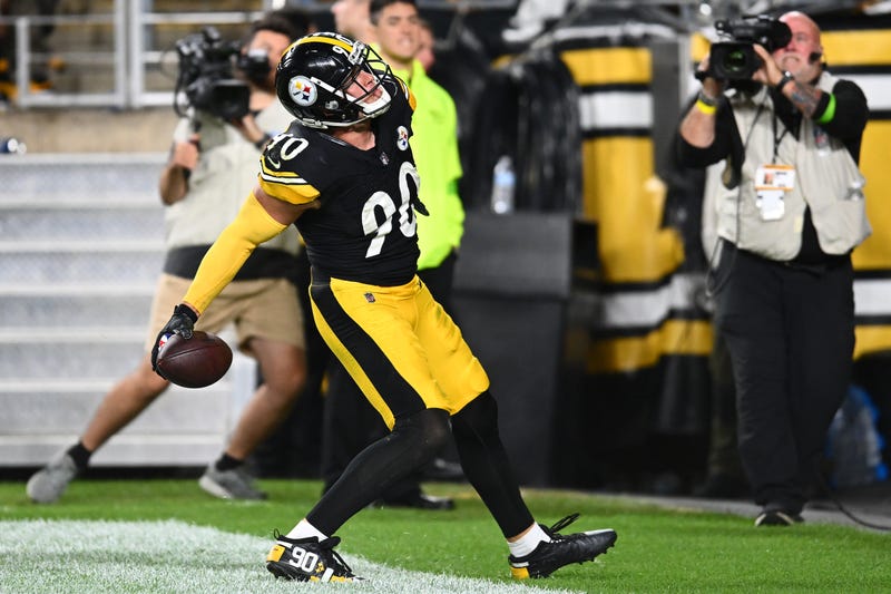 T.J. Watt #90 of the Pittsburgh Steelers celebrates his fumble recovery for a touchdown against the Cleveland Browns during the fourth quarter at Acrisure Stadium on September 18, 2023 in Pittsburgh, Pennsylvania. (Photo by Joe Sargent/Getty Images)