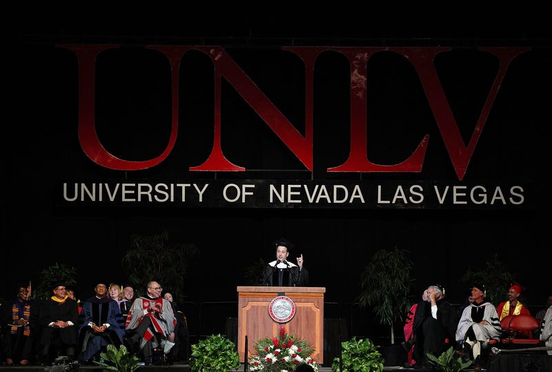 alk show host Jimmy Kimmel receives an honorary degree from UNLV during the university's 50th commencement ceremony at the Thomas & Mack Center on May 19, 2013 in Las Vegas, Nevada.