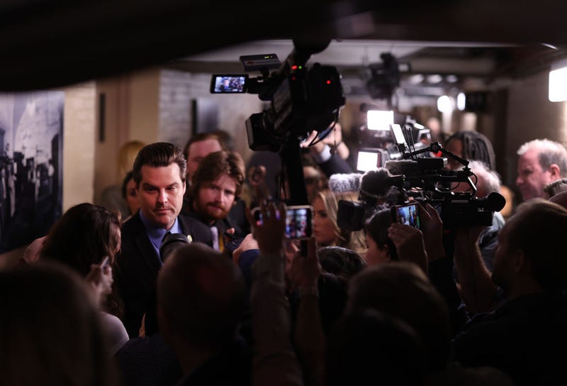 Rep. Matt Gaetz (R-FL) talks to reporters as he leaves a House Republican caucus meeting at the U.S. Capitol on September 19, 2023 in Washington, DC.