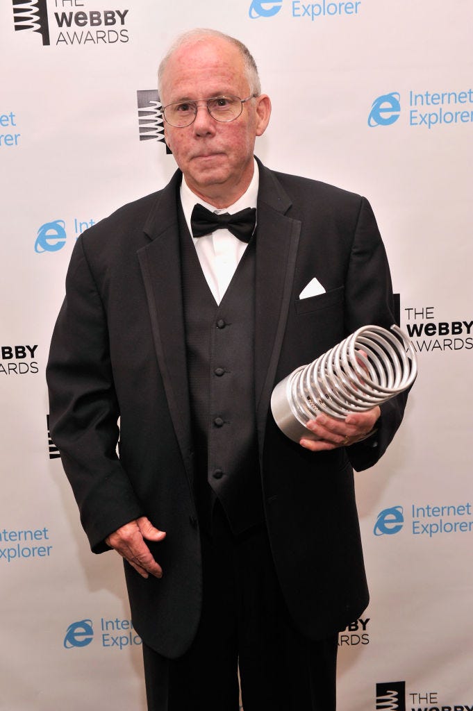 Steve Wilhite, inventor of the GIF file, poses with an award backstage at the 17th Annual Webby Awards at Cipriani Wall Street on May 21, 2013 in New York City. (Photo by Stephen Lovekin/Getty Images for The Webby Awards)