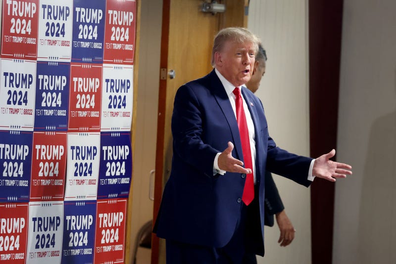 2024 Republican presidential candidate and former U.S. President Donald Trump arrives for a "Commit To Caucus" rally at the Jackson County Fairgrounds on September 20, 2023 in Maquoketa, Iowa. 