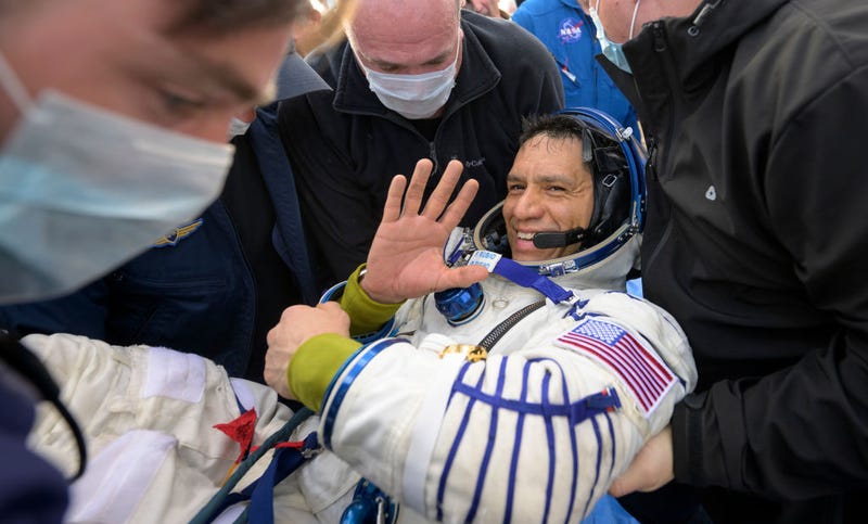 In this handout provided by NASA, Expedition 69 NASA astronaut Frank Rubio is helped out of the Soyuz MS-23 spacecraft just minutes after he and Roscosmos cosmonauts Sergey Prokopyev and Dmitri Petelin, landed in a remote area near the town of Zhezkazgan, Kazakhstan on September 27, 2023. The trio are returning to Earth after logging 371 days in space as members of Expeditions 68-69 aboard the International Space Station. For Rubio, his mission is the longest single spaceflight by a U.S. astronaut in history.