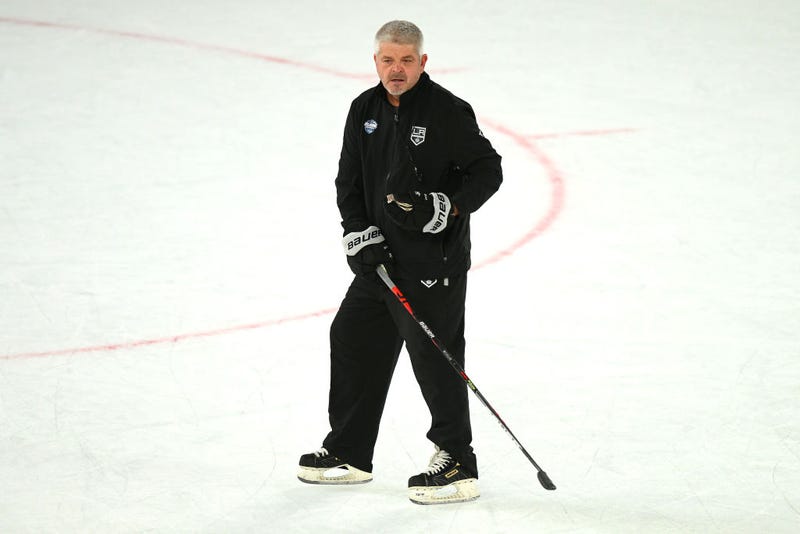 LA Kings Head Coach, Todd McLellan speaks to players during an NHL Global Series Practice Session at Rod Laver Arena on September 22, 2023 in Melbourne, Australia.