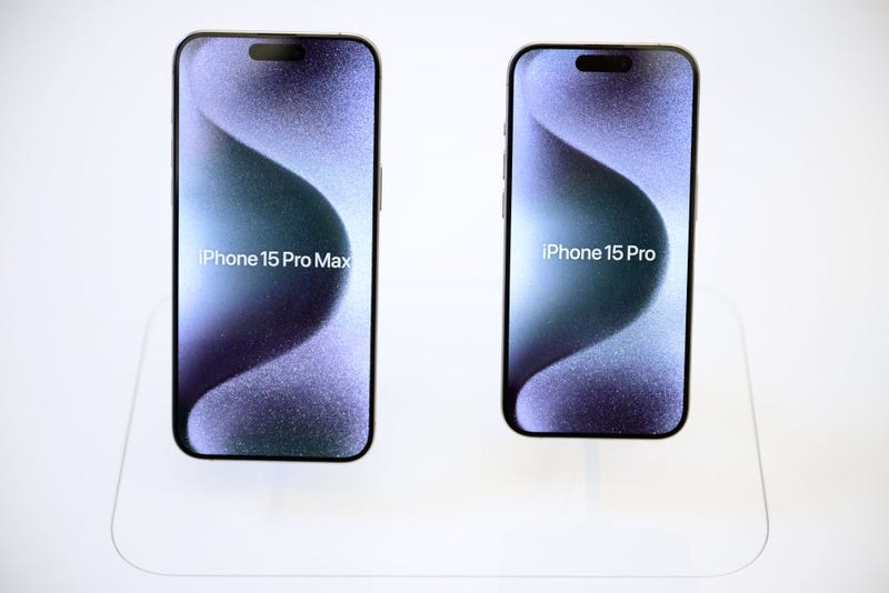 n iPhone 15 Pro Max and an iPhone 15 Pro are on display as iPhone 15 handsets go on sale at the Apple Store on September 22, 2023 in London, England.