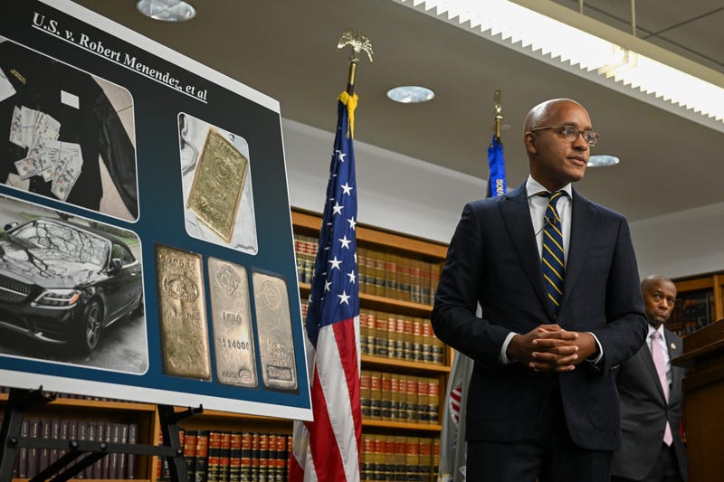 Damian Williams, U.S. Attorney for the Southern District of New York, speaks during a press conference after announcing that U.S. Sen. Robert Menendez (D-NJ) was indicted on corruption charges charges at the SDNY office on September 22, 2023