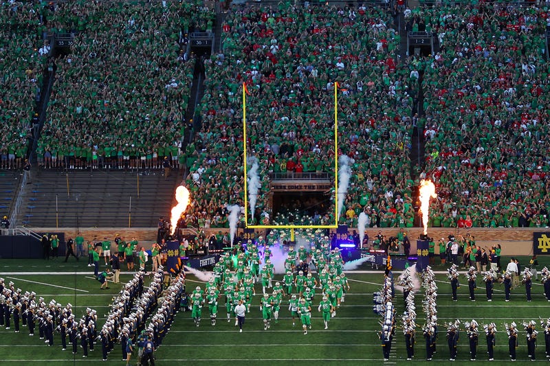 The Notre Dame Fighting Irish take the field prior to the game against the Ohio State Buckeyes at Notre Dame Stadium on September 23, 2023 in South Bend, Indiana