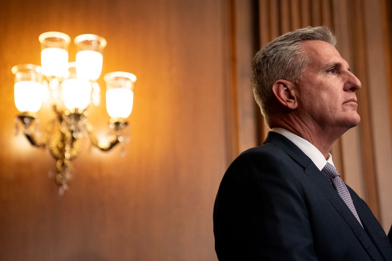 U.S. House Speaker Kevin McCarthy (R-CA) speaks with members of the media following passage in the House of a 45-day continuing resolution on Sept. 30, 2023, in Washington, DC.
