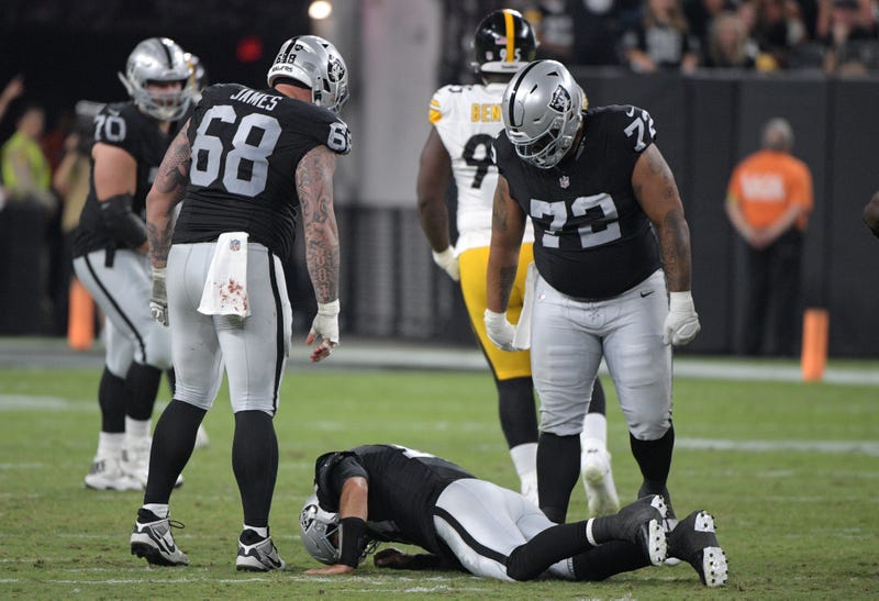 immy Garoppolo #10 of the Las Vegas Raiders is slow to get up after being injured against the Pittsburgh Steelers during the second quarter at Allegiant Stadium on September 24, 2023 in Las Vegas, Nevada.