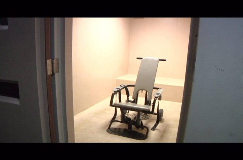 A still taken from a military handout video dated April 10, 2013, offers a glimpse of a restraint chair at Guantanamo Bay, Cuba. The United Nations considers these a potential instrument of torture, and a recent report from the Better Government Association's Illinois Answers Project found that Illinois prisoners are routinely restrained in such chairs.
