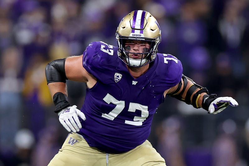 SEATTLE, WASHINGTON - SEPTEMBER 23: Roger Rosengarten #73 of the Washington Huskies in action against the California Golden Bears at Husky Stadium on September 23, 2023 in Seattle, Washington. 