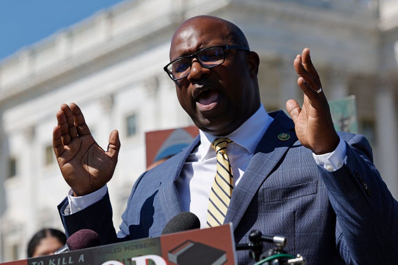 Rep. Jamaal Bowman (D-NY) joins fellow House Democrats for a news conference to announce a bicameral resolution recognizing Banned Books Week outside the U.S. Capitol on September 27, 2023 in Washington, DC.