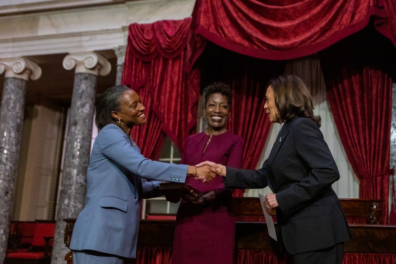 Sen. Laphonza Butler (D-CA) is sworn in by Vice President Kamala Harris in the Old Senate Chamber at the U.S. Capitol on October 3, 2023. Butler was appointed by Governor Gavin Newsom to the vacant Senate seat of California following the passing of Dianne Feinstein.