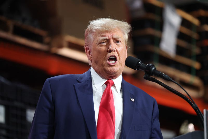 Former U.S. President Donald Trump speaks at a campaign rally at Drake Enterprises, an automotive parts manufacturer, on September 27, 2023 in Clinton Township, Michigan.