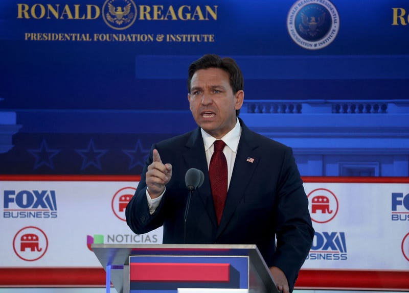 Republican presidential candidate Florida Gov. Ron DeSantis delivers remarks during the FOX Business Republican Primary Debate at the Ronald Reagan Presidential Library on September 27, 2023 in Simi Valley, California.