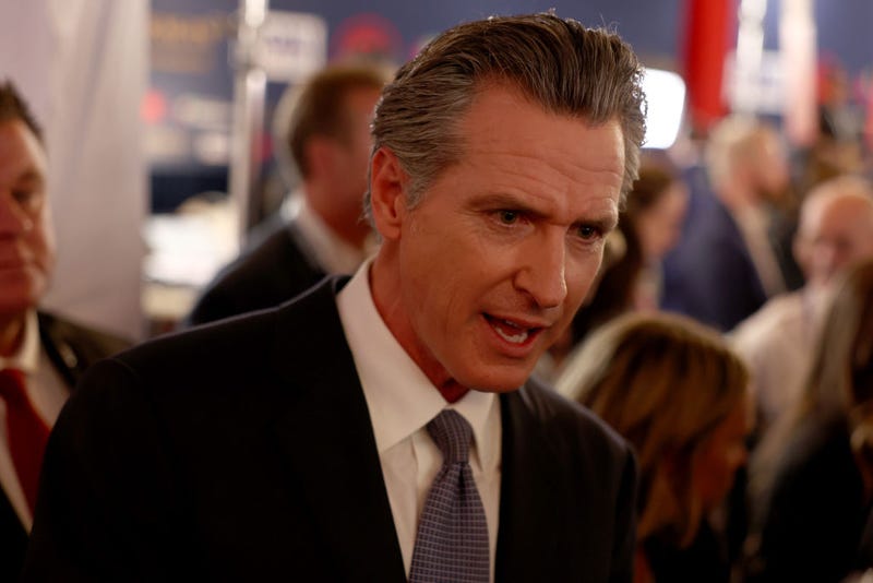 alifornia Gov. Gavin Newsom talks to reporters in the spin room following the FOX Business Republican Primary Debate at the Ronald Reagan Presidential Library on September 27, 2023 in Simi Valley, California.