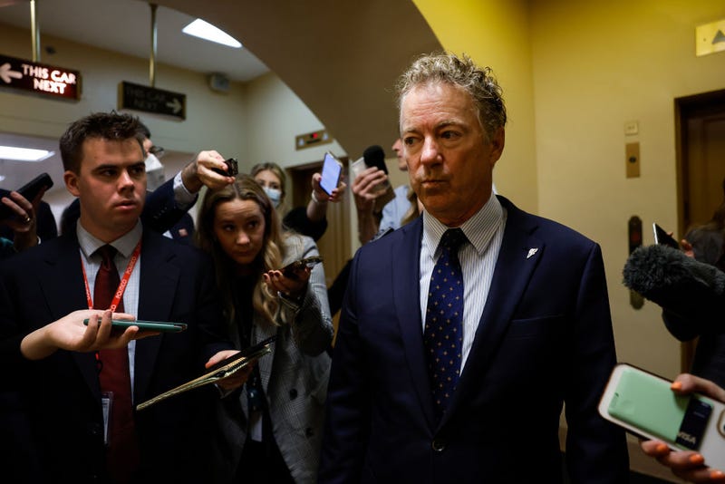 Sen. Rand Paul (R-KY) speaks to reporters as he walks through the Senate Subway at the U.S. Capitol Building on September 28, 2023 in Washington, DC.