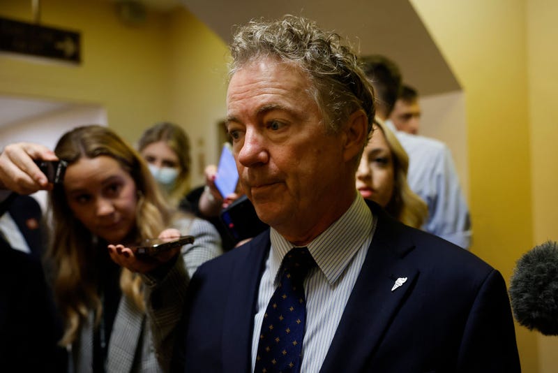 Sen. Rand Paul (R-KY) speaks to reporters as he walks through the Senate Subway at the U.S. Capitol Building on September 28, 2023 in Washington, DC. 