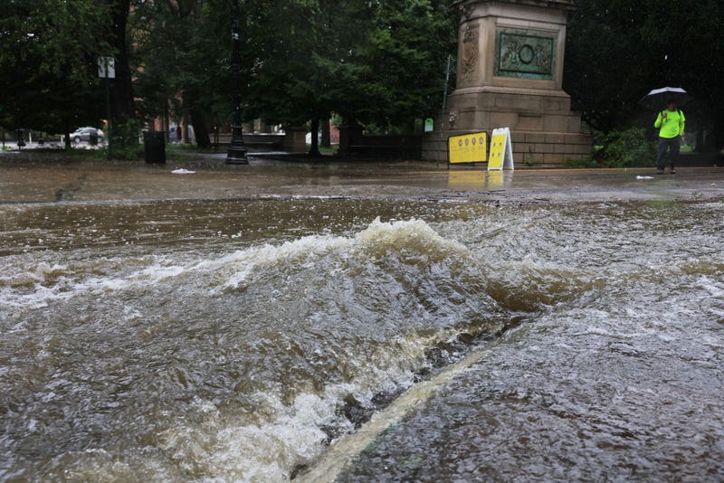 Water is seen running along the road at the Southwest entrance of Prospect Park amid a coastal storm on Sept. 29, 2023 in the Flatbush neighborhood of Brooklyn.